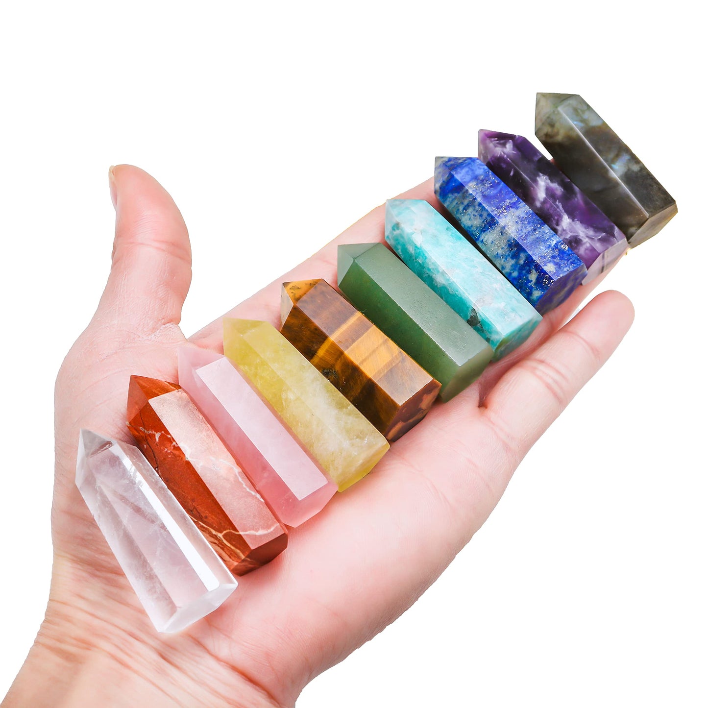 Apengshi 10pcs Healing Crystal Tower Set 1.57"-1.96" Natural Crystal Wand Clear Quartz Red Jasper Rose Quartz 6 Faceted Crystals Point Chakra Stone Kit Home Decor Gift Box