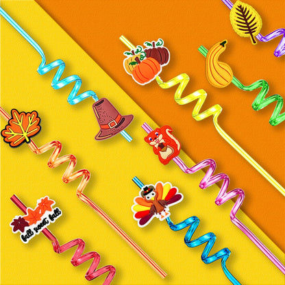 Thanksgiving Decorations for Party 24pcs Reusable Drinking Straws Thanksgiving Party Favors Turkey Straws for Fall Maple Leaf Autumn Party Supplies