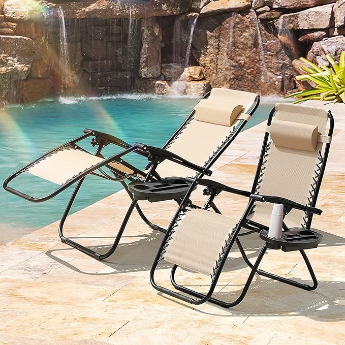Homall Zero Gravity Chairs - Adjustable Folding Lawn Lounge Chairs with Pillows for Poolside, Backyard and Beach - Set of 2 (Cream-Coloured)
