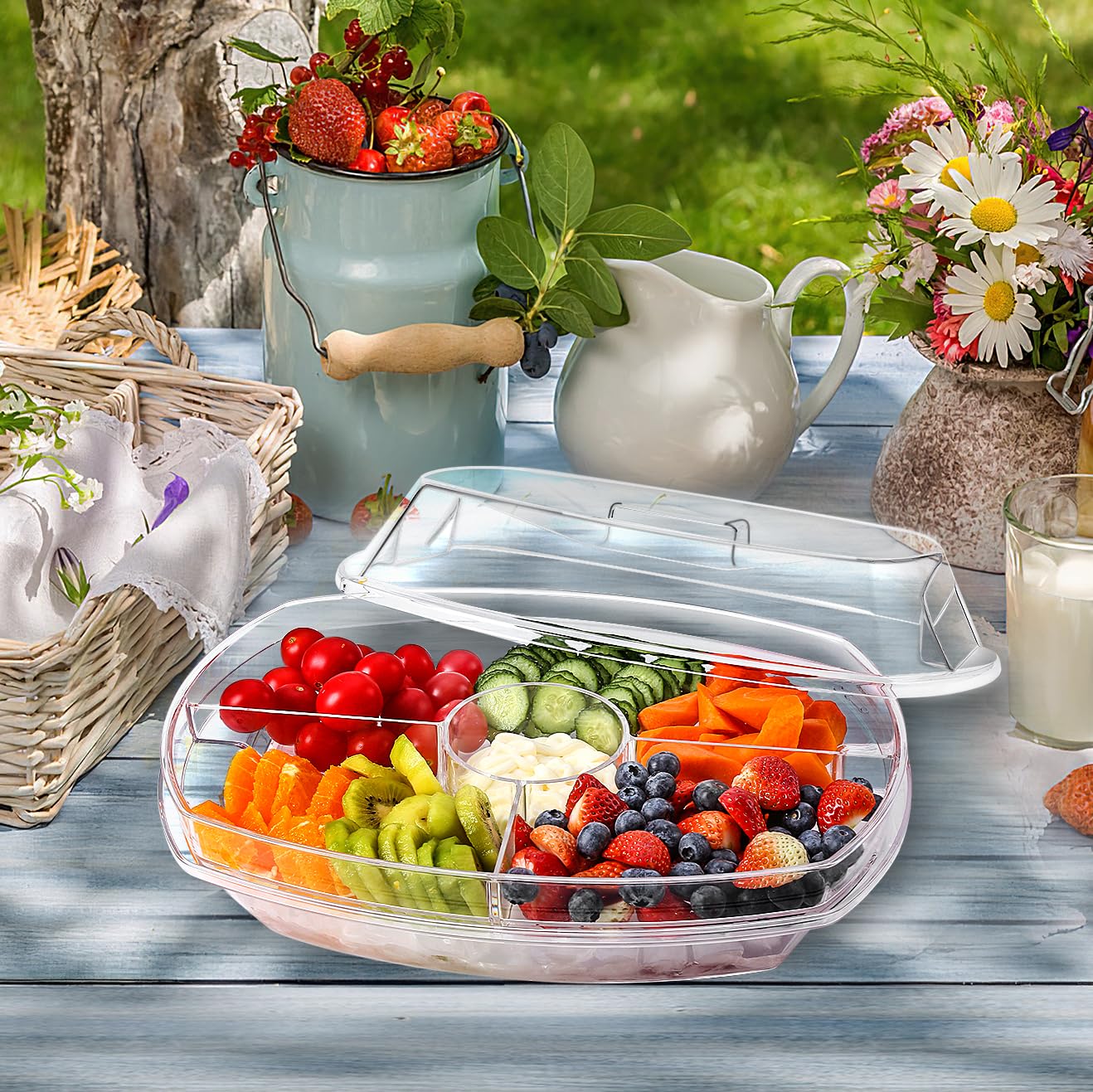 IVYHOME Fruit Ice Serving Tray, Chilled Veggie Tray, Shrimp Cocktail Serving Dish, Appetizer Serving Platter for Parties, with Lid and 4 Compartments