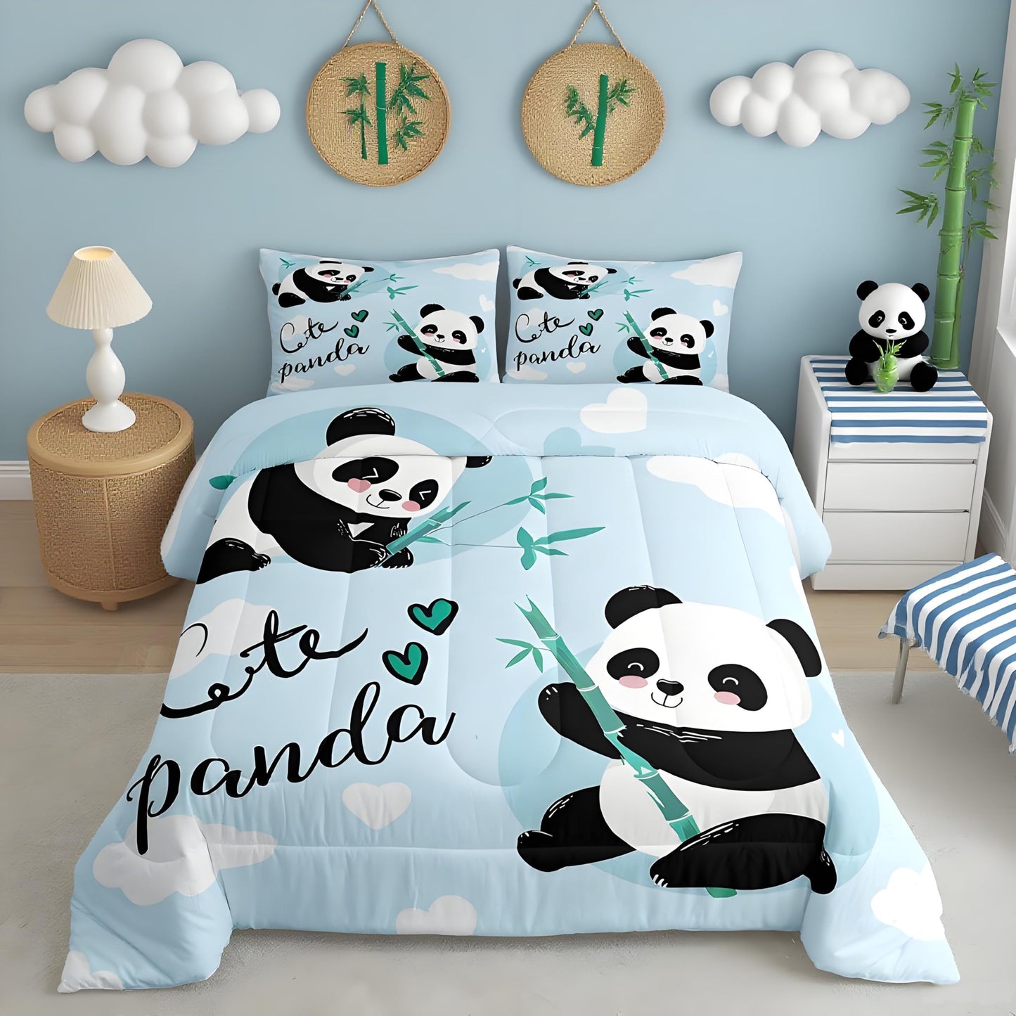 Feelyou Cute Panda Bedding Set Cartoon Panda Comforter Set for Kids Boys Girls Animal Theme Comforter Kawaii Animal Quilt Set Blue 1 Comforter Set with 2 Pillowcases Full Size