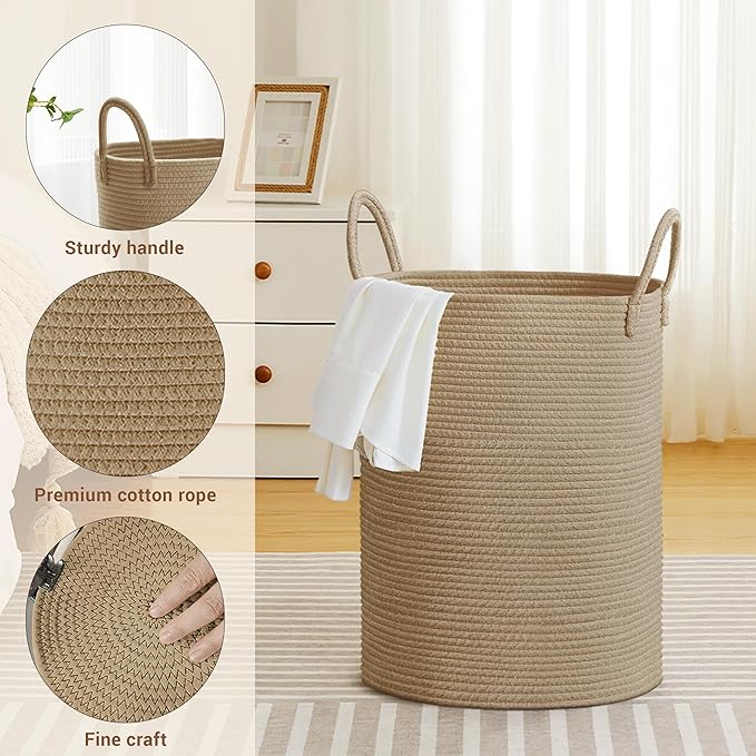 Tall Laundry Basket with Handles, 58L Portable Dirty Clothes Hamper, Boho