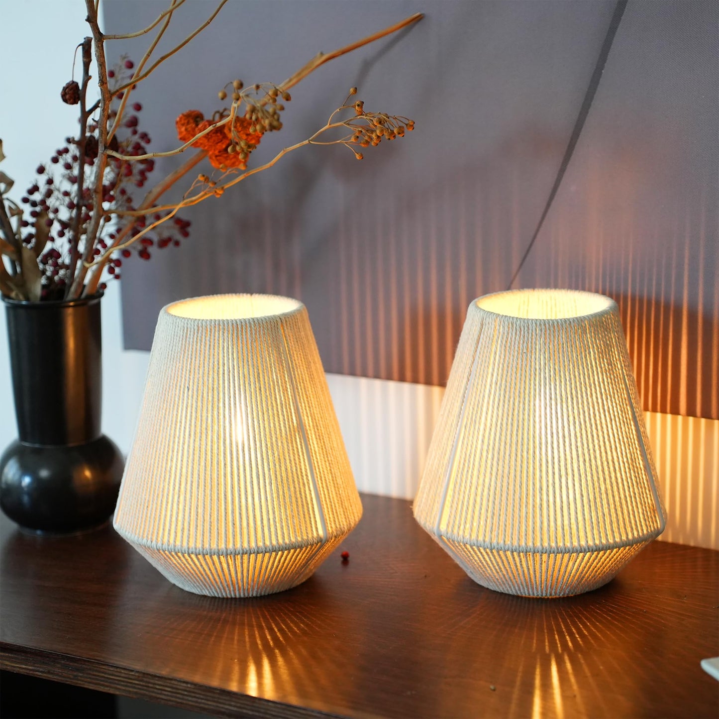 JHY DESIGN Set of 2 Woven Lampshade Table Lamps 8" H Cotton Rope Bedside Light‌s Cordless Decorative Battery Operated Lamps with 6 Hours Timer for Bedroom Living Room Home Parties Patio Events