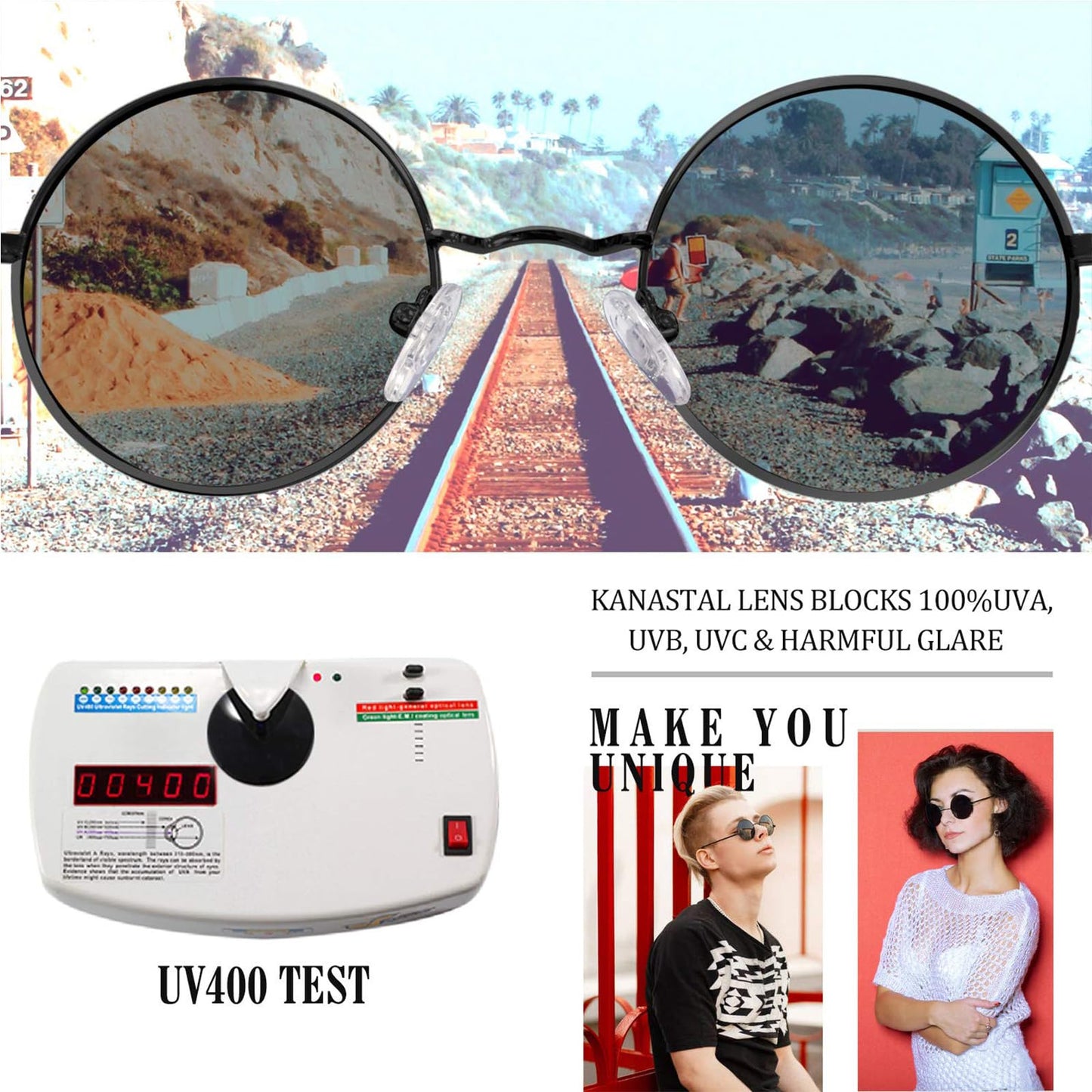 KANASTAL Mirror Round Sunglasses Mens Blue Polarised Hippie Style Vintage Circle Womens Mirrored UV Small - Black Frame Black Lens + Metal Frame Blue Lens