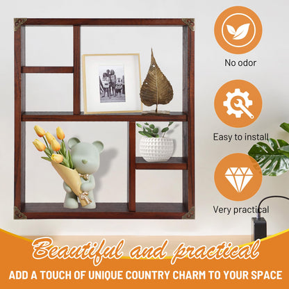 MITREL 17.7x15.7-Inch Shadow Box Display Shelf，6-Slot Rustic Floating Shelves，Larger Wood Trinket Shelf Freestanding Farmhouse Curio Shelf(6C-Rustic Walnut)
