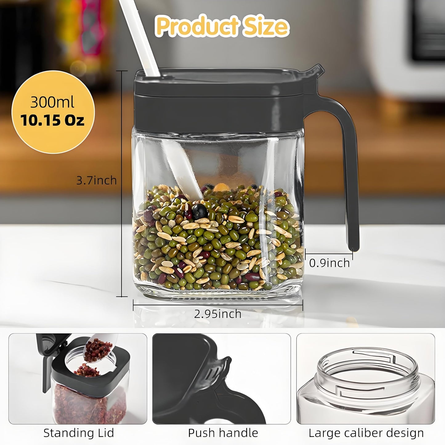 WANYISHUN Condiment Jar Spice Container with Lids and Spoons, Kitchen Spice Pot Set of 3, 11oz Clear Glass Condiment Pot with Tray, Kitchen Salt Pepper Sugar Storage Container Jar (black, 300ml)
