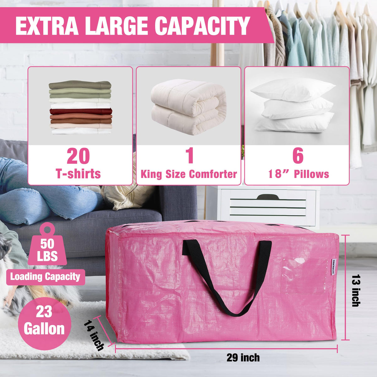 WORKPRO 6 Pack Extra Large Moving Bags with Zippers & Carrying Handles Backpack Straps, Heavy-Duty Storage Tote for Space Saving Moving Storage (Pink)