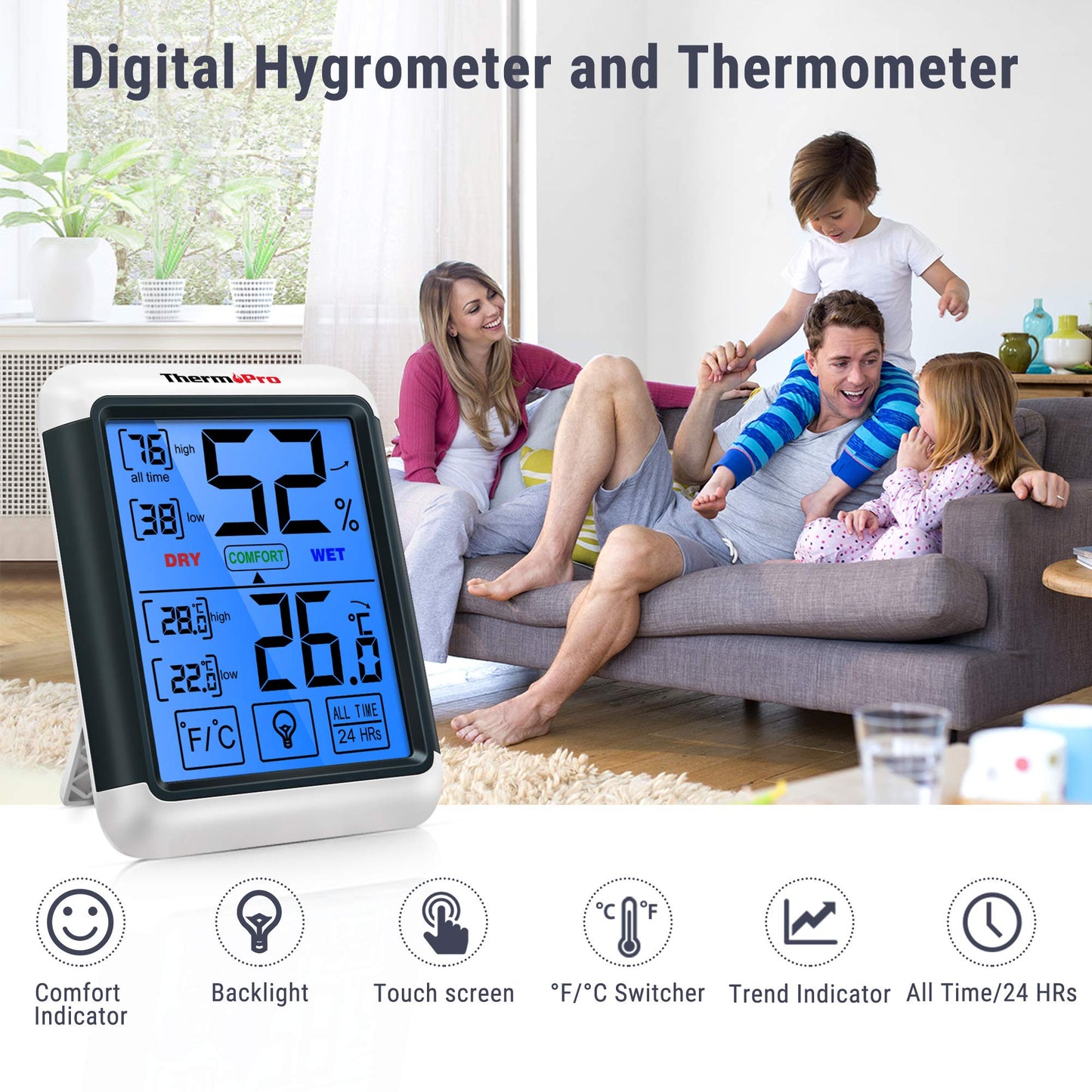 ThermoPro TP55 Digital Room Thermometer Temperature and Humidity Monitor with All Time or 24hrs Max and Min Records for Temperature and Humidity Baby Room Thermometer with Large Backlight Touchscreen