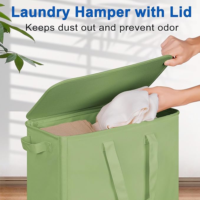 Slim Laundry Hamper with Lid and Wheels, Small Rolling Laundry Basket with