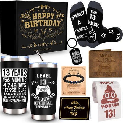 JTAMOHI 8 Pcs Happy 13th Birthday Gifts for Boys, 13 Year Old Boy Birthday Gifts Ideas with 20 Oz Tumbler, Funny Socks, Toilet Paper, Teen Wallet, Bracelet, Keychain for Son, Nephew, Grandson, Brother