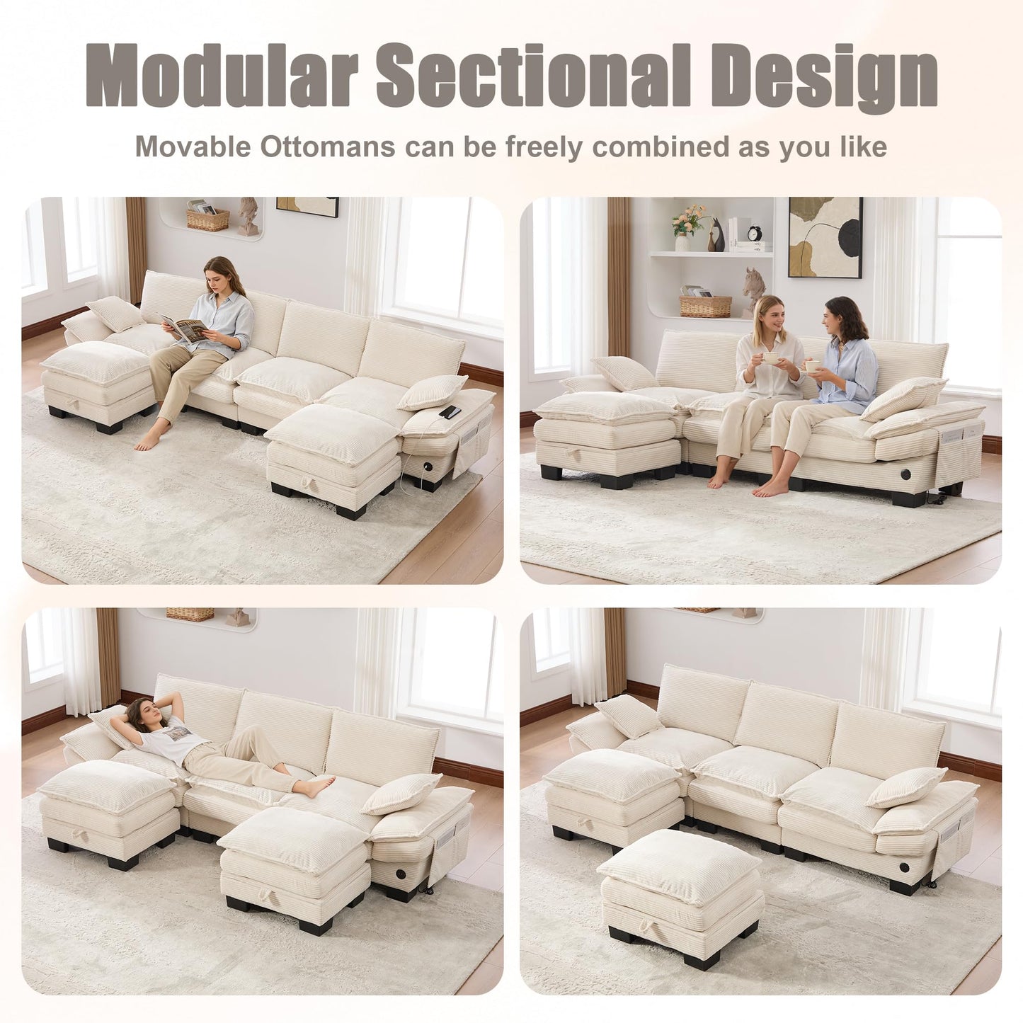 102" Oversized Cloud Modular Sectional Sofa with Movable Ottoman, Free Combination Convertible L Shaped Corner Couch Sets,Comfy Corduroy Upholstered Beige Sofa & Couch for Living Room