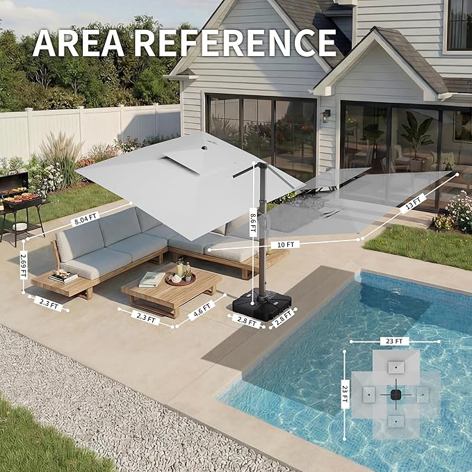 10 X 13 FT Cantilever Patio Umbrella with LED Lights Outdoor Heavy Duty Double Top Windproof Rectangle Offset Umbrellas with 360-degree Rotation for Pool Deck Backyard, Foggy Grey