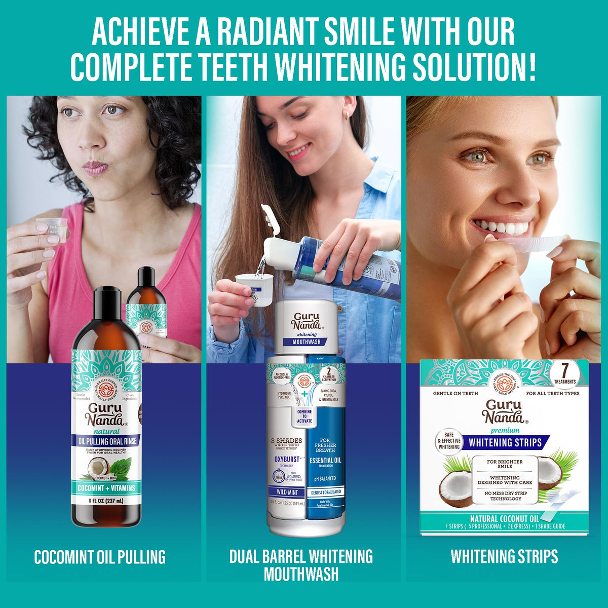 GuruNanda Total Smile Makeover Kit Regular with Cocomint Oil Pulling, Dual Barrel Whitening Mouthwash, Whitening Strips & Butter on Gums Toothbrushes
