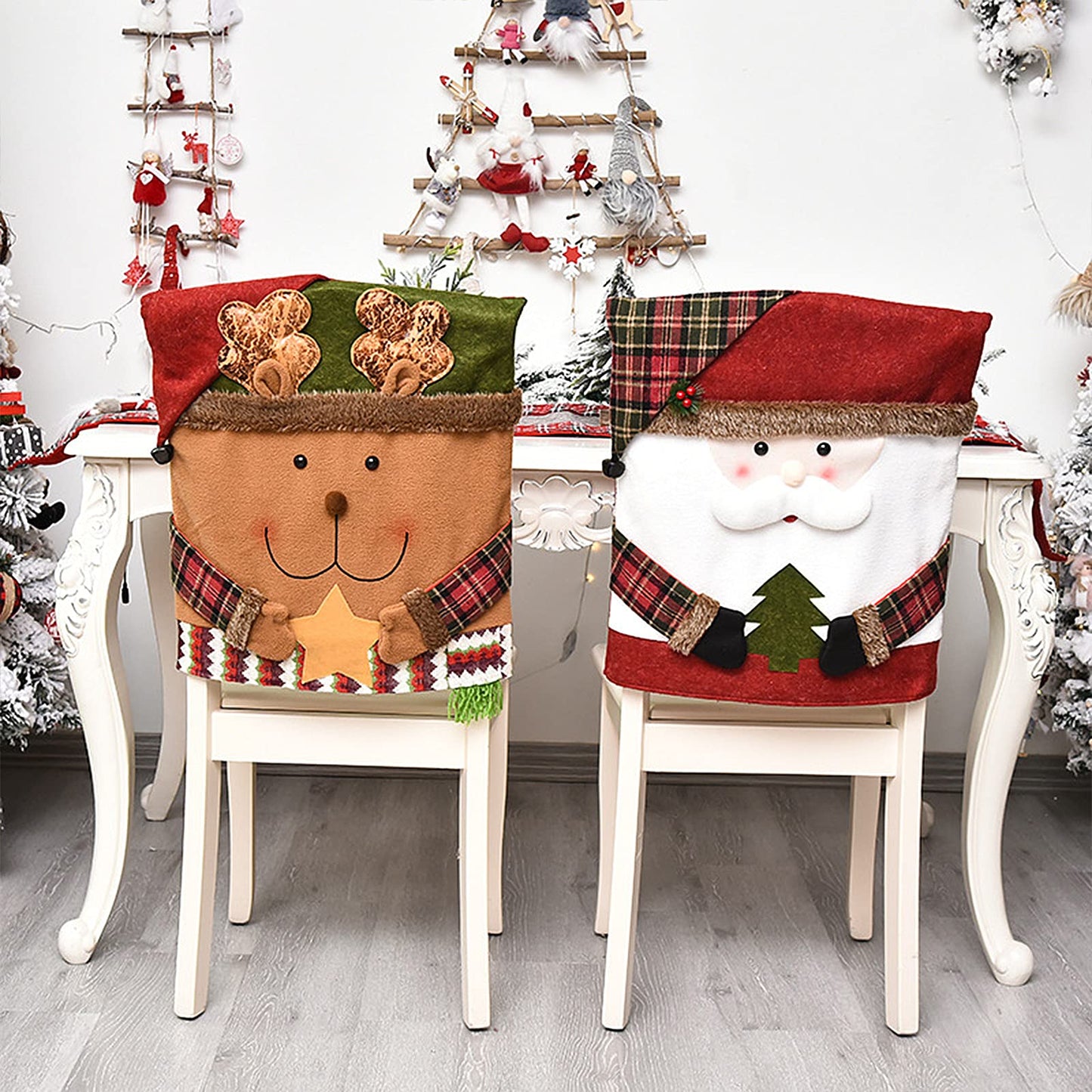 DCQRY 6 Pcs Christmas Chair Back Cover for Dining Room, Santa Claus Snowman Reindeer Xmas Dinner Chairs Cover, Chair Slipcover for Kitchen Hotel Holiday Party Decor