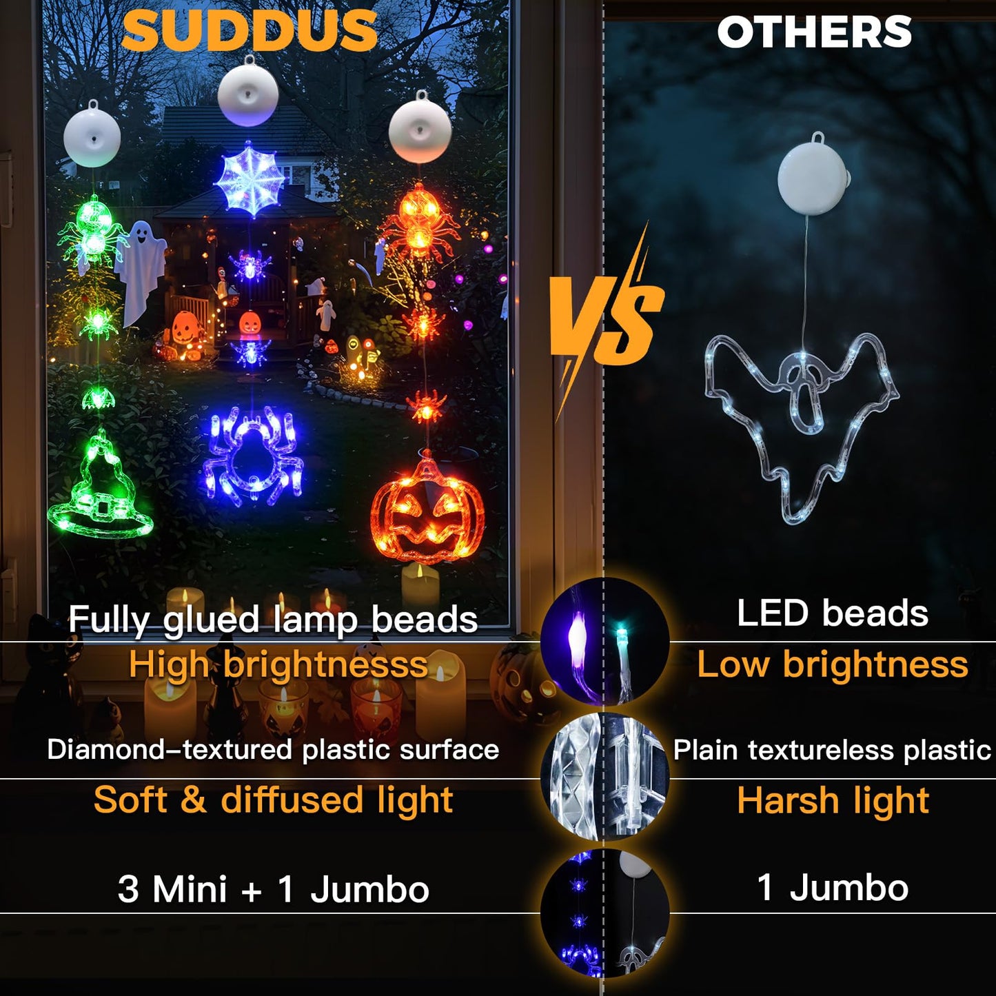 suddus 3 Pack Halloween Lights Battery Operated with Timer, Orange Pumpkin Violet Spider Green Witch Hat Halloween Window Lights with Suction Cup for Home Indoor Party Decor