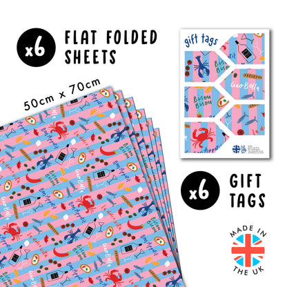 CENTRAL 23 Striped Wrapping Paper - 6 Sheets Of Gift Wrap - Food Themed Holiday Wrapping Paper - Pink And Blue Stripes - Birthday Wedding Christmas - Recyclable