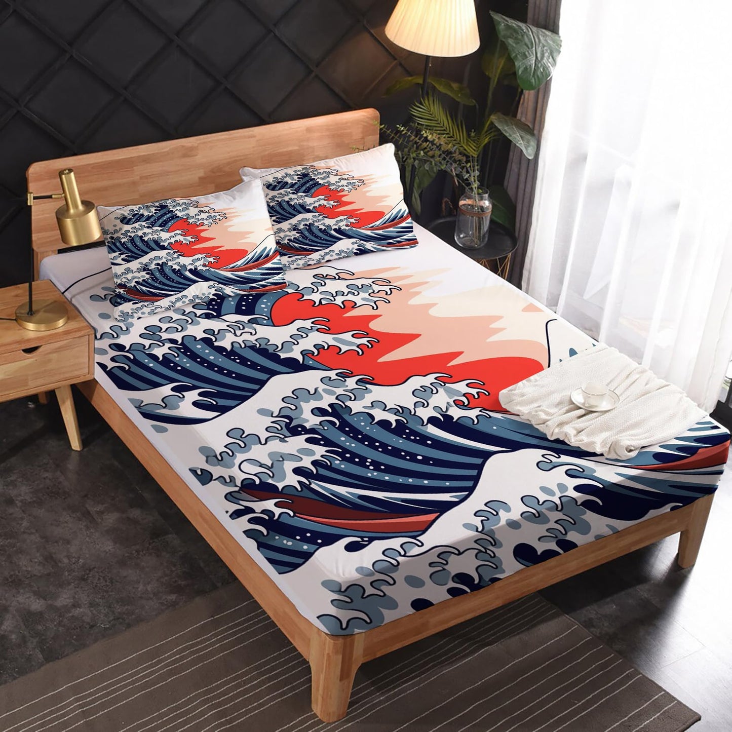 Japanese Wave Sheets King Sheet Sets - Hokusai Bed Sheets, Soft Microfiber & Deep Pocket & Wrinkle Free Patterned Bedding Sheets & Pillowcases, 4 Piece ( 1 Fitted Sheet, 1 Flat Sheet, 2 Pillow Cases )