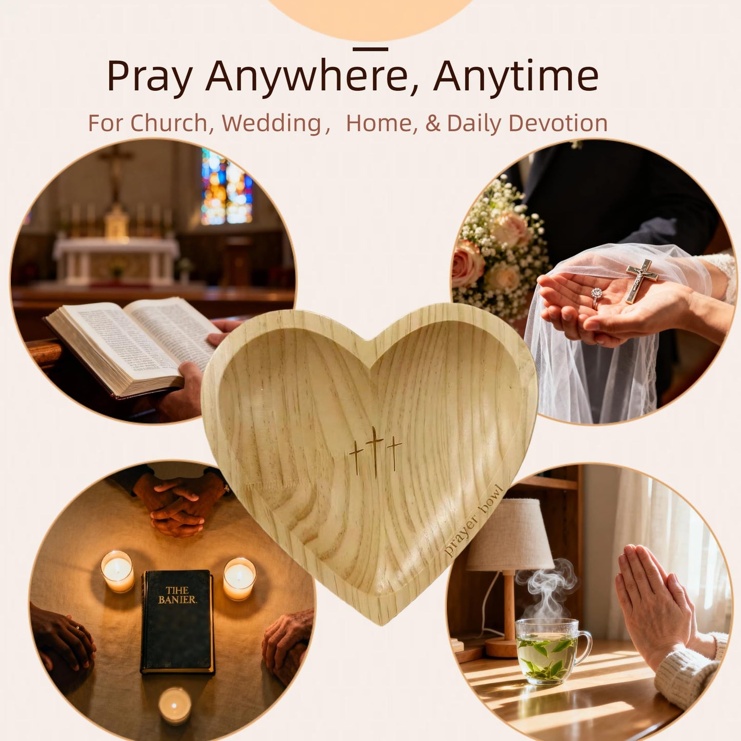 JimZePong Heart Prayer Bowl with 24 Cards, Christian Heart Shaped Wooden Dough Bowl, Handcrafted Prayer Request Bowl, Religious Gift for Women, Mom, Baptism, Church, Thanksgiving & Christmas Decor