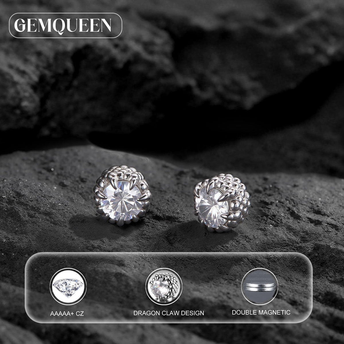 GEMQUEEN Magnetic Earrings for Men Women - 5A Shiny CZ Dragon Claw Punk Hypoallergenic Stainless Steel Non Piercing Clip on Fake Earrings Studs Silver 5MM Not Easy to Fall