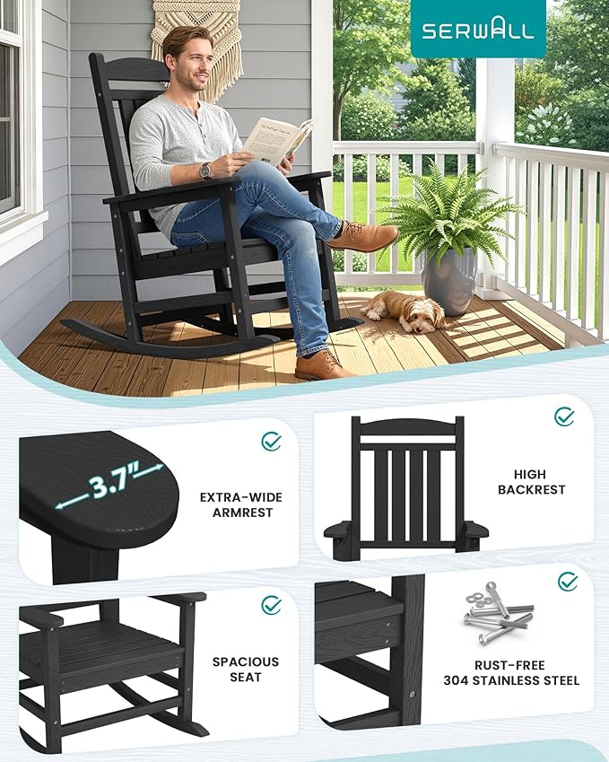 SERWALL Oversized Outdoor Rocking Chair, All-Weather Patio Rocking Chair, HDPE Porch Rocker for Adults, Black