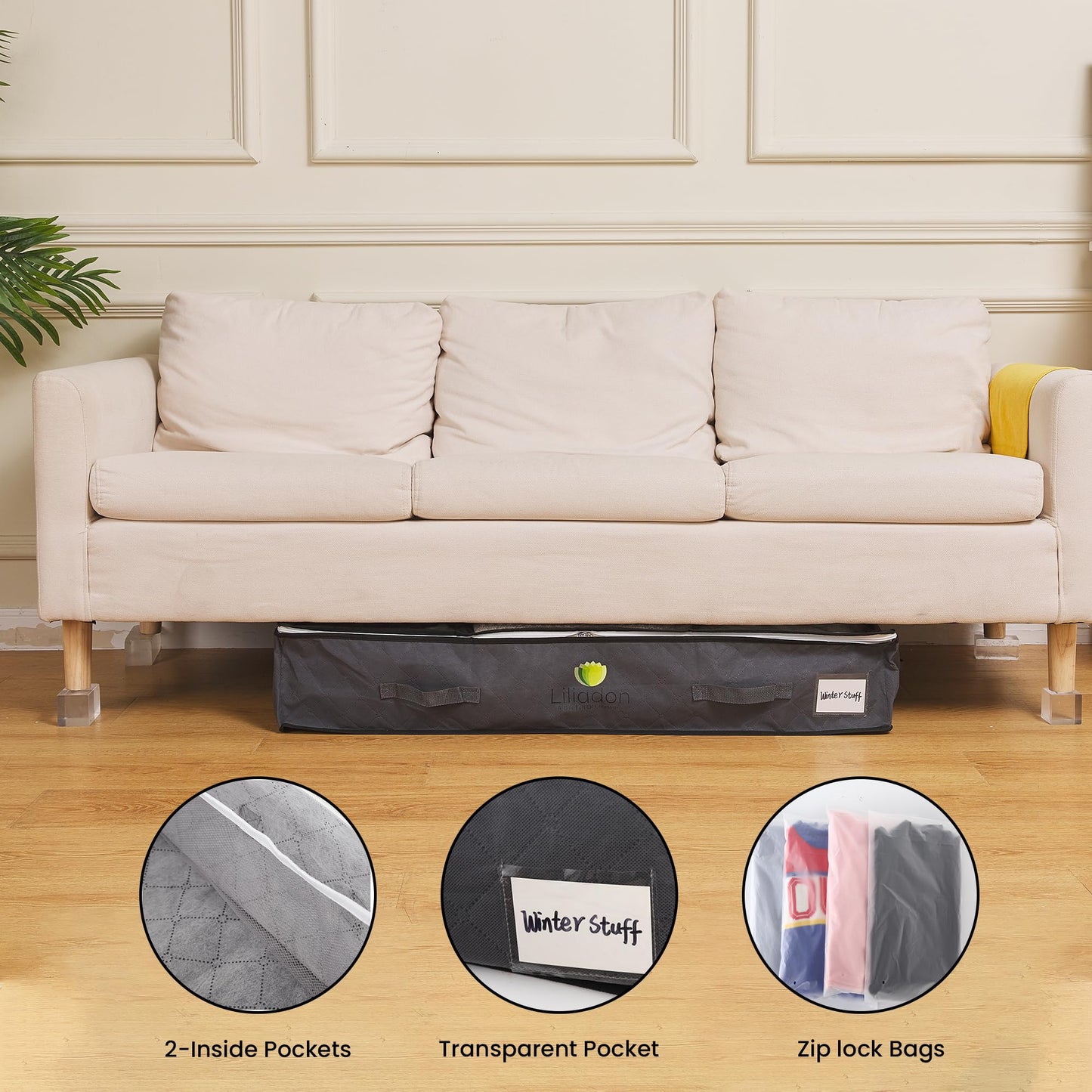 Title: Liliadon Lightweight Linen Underbed Storage Bags (6-Pack) - Gift Set! 4 Large (90L) + 2 Medium (40L) - Foldable Closet Organizers for Clothes & Bedding