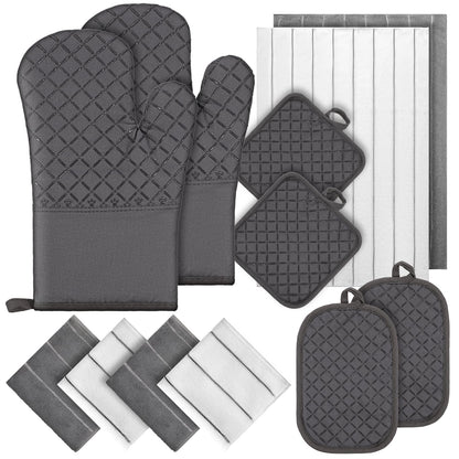 Oven Mitts Kitchen Towels Dishcloths with Pot Holders Sets 12pcs Dish Towels Sets Oven Gloves Pot Pads Heat Resistant 500 Degrees with Non-Slip Silicone Surface for Cooking Baking Grilling