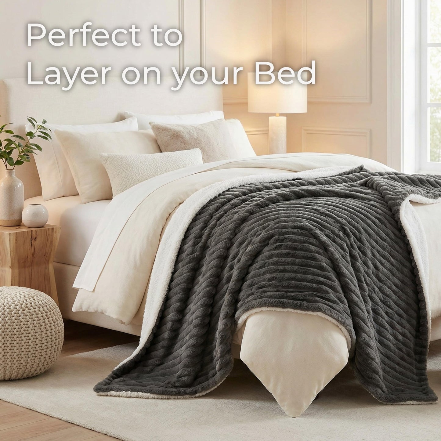 Lavish Home Faux Fur Throw Blanket - 60x70-Inch Twin Blanket for Couch, Bed, or Chair - Soft Throw with Plush Faux Rabbit Fur and Warm Sherpa for Living Room, Bedroom, and Home Decor (Ivory)