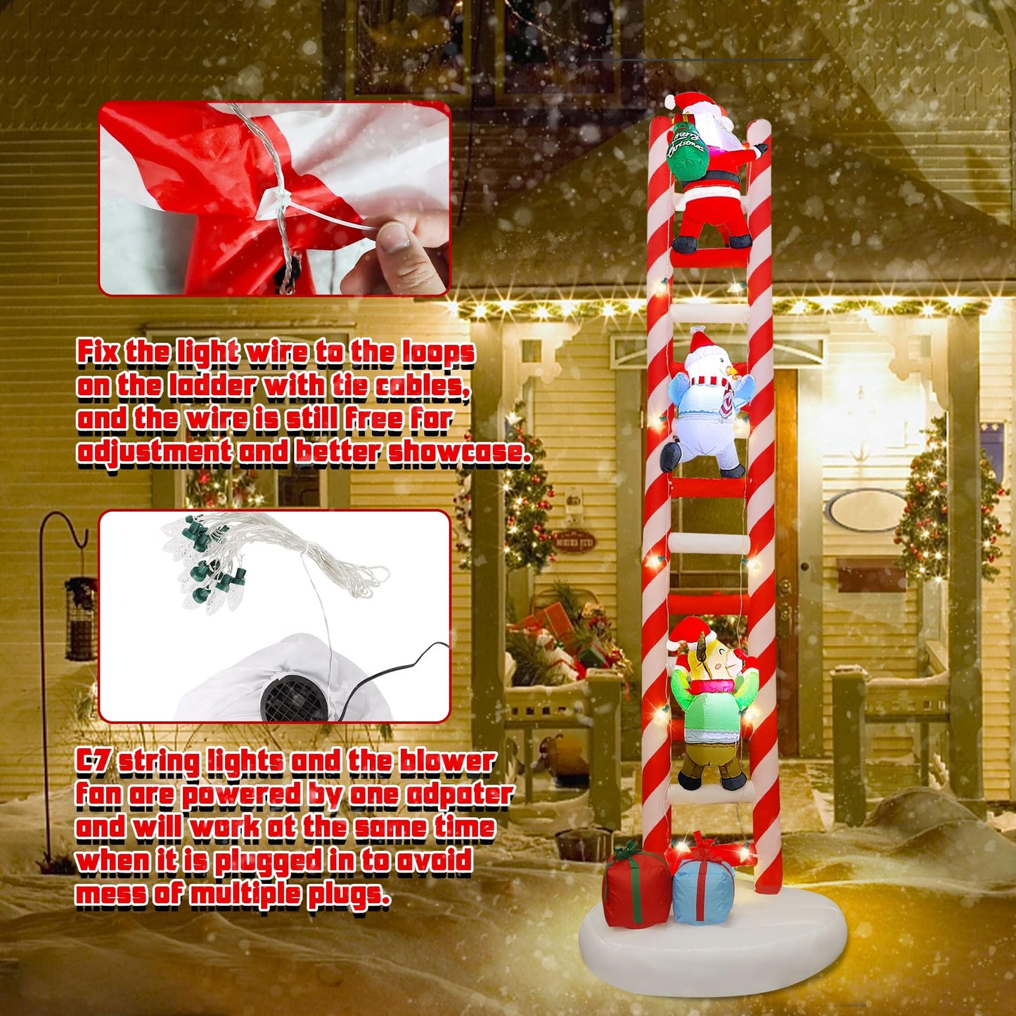 Joliyoou 10FT Christmas Inflatable Decorations, Giant Lighted Ladder Blowups Climbed with Reindeer, Santa, Snowman, C7 String Lights for Xmas Winter Holiday Roofs Trees Balconies Decor
