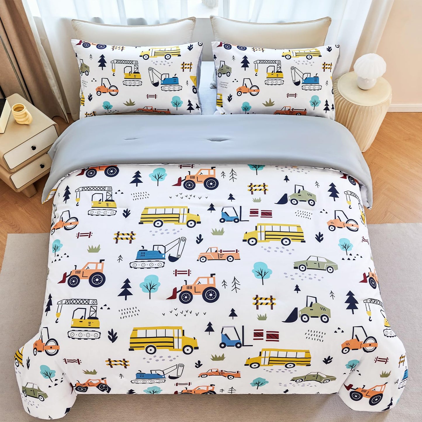 WINLIFE Construction Twin Comforter Set for Boys 3-Piece Teen Kids Bedding Reversible Lightweight Microfiber Forest Vehicles Car Bed Set