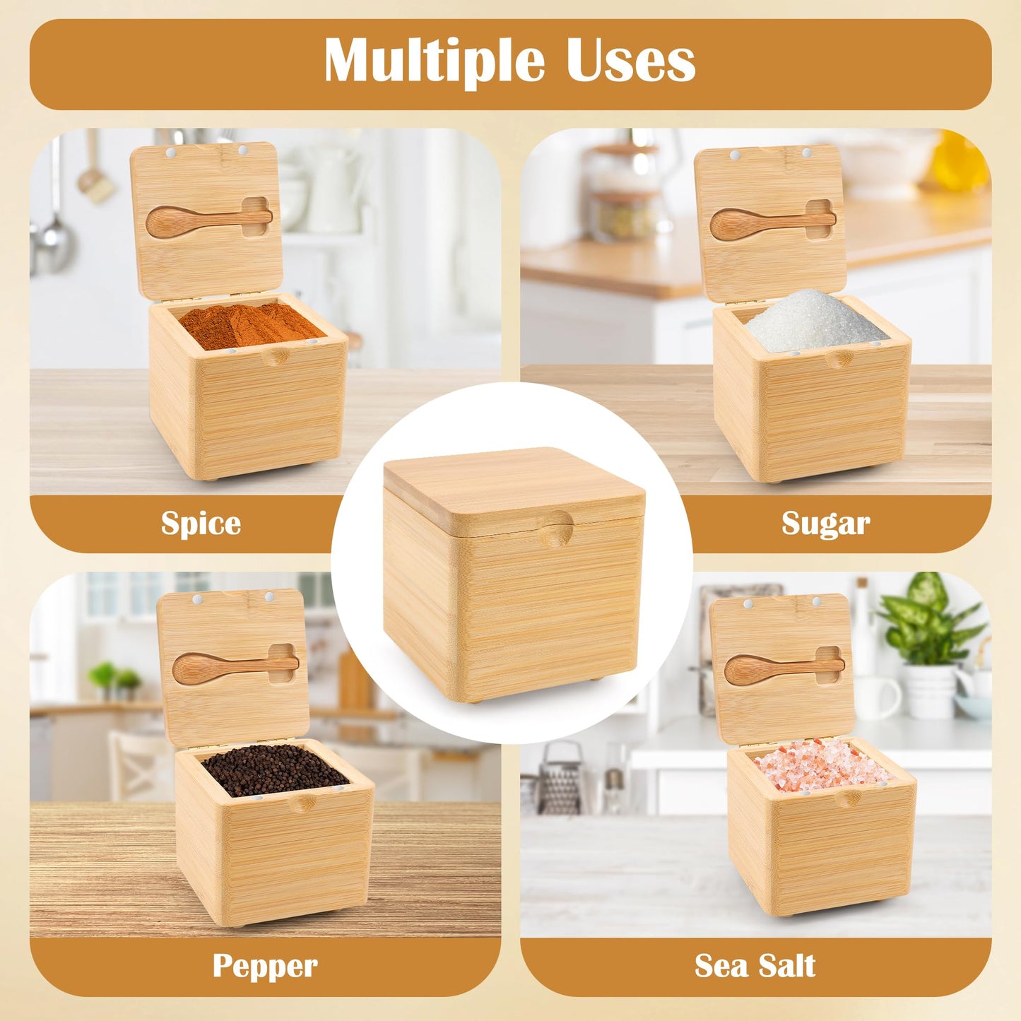 Luxiv Updated Bamboo Salt Cellar with Lid and Spoon, Bamboo Salt Box Wood Spice Box with Magnetic Lid for Pepper Spice Sea Salt Container Jar For Countertop with 4 Bases