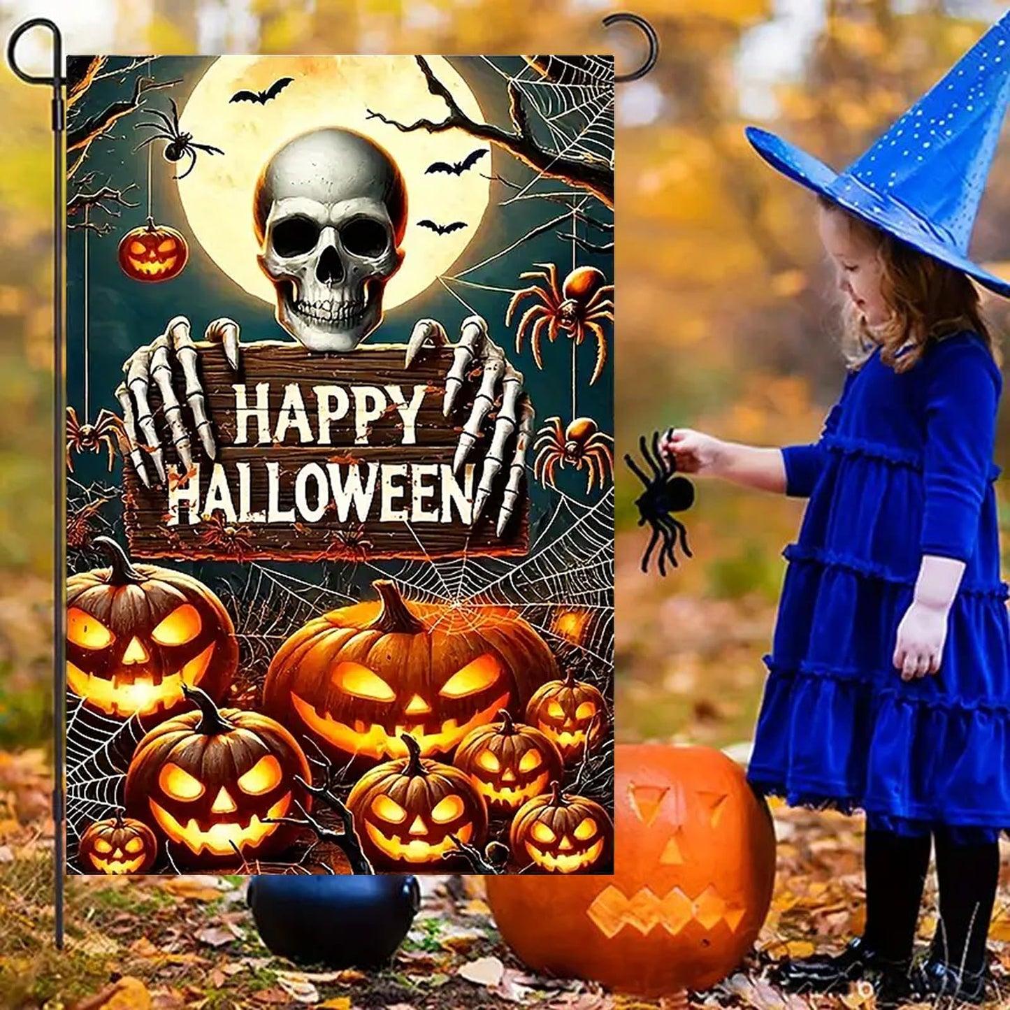 abzdfty Halloween Garden Flag 12x18 Inch Double Sided Pumpkin Skeleton Garden Flag Halloween Decorative Yard Flag for Outside, Patio, Porch and Lawn