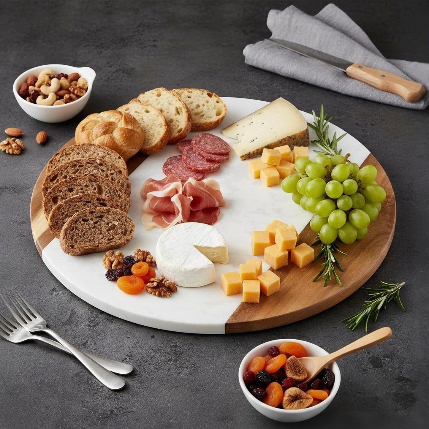 Okllen 12" Marble Cheese Board and Acacia Wood Serving Board, Handcrafted Round Marble Tray Cutting Board for Cheese, Charcuterie, Meat, Fruit