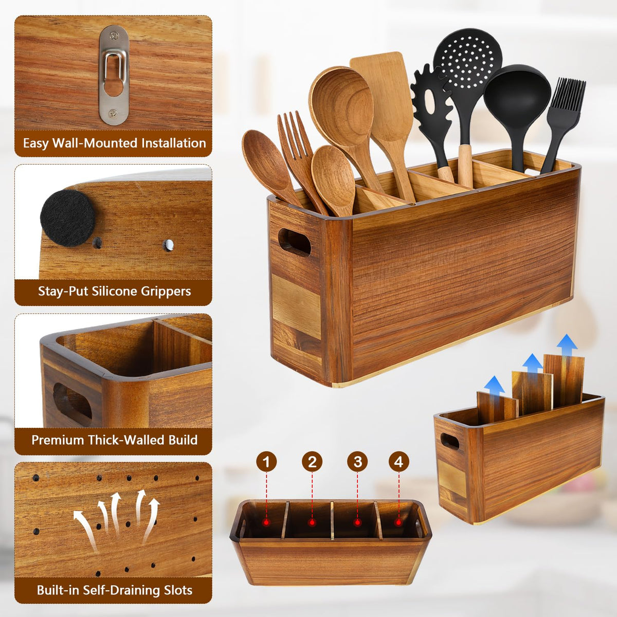 VLXXOI Large 4-Compartment Acacia Wooden Utensil Holder, Rustic Kitchen Counter Organizer, Extra Large Wood Storage Container for Cooking Utensils and Silverware