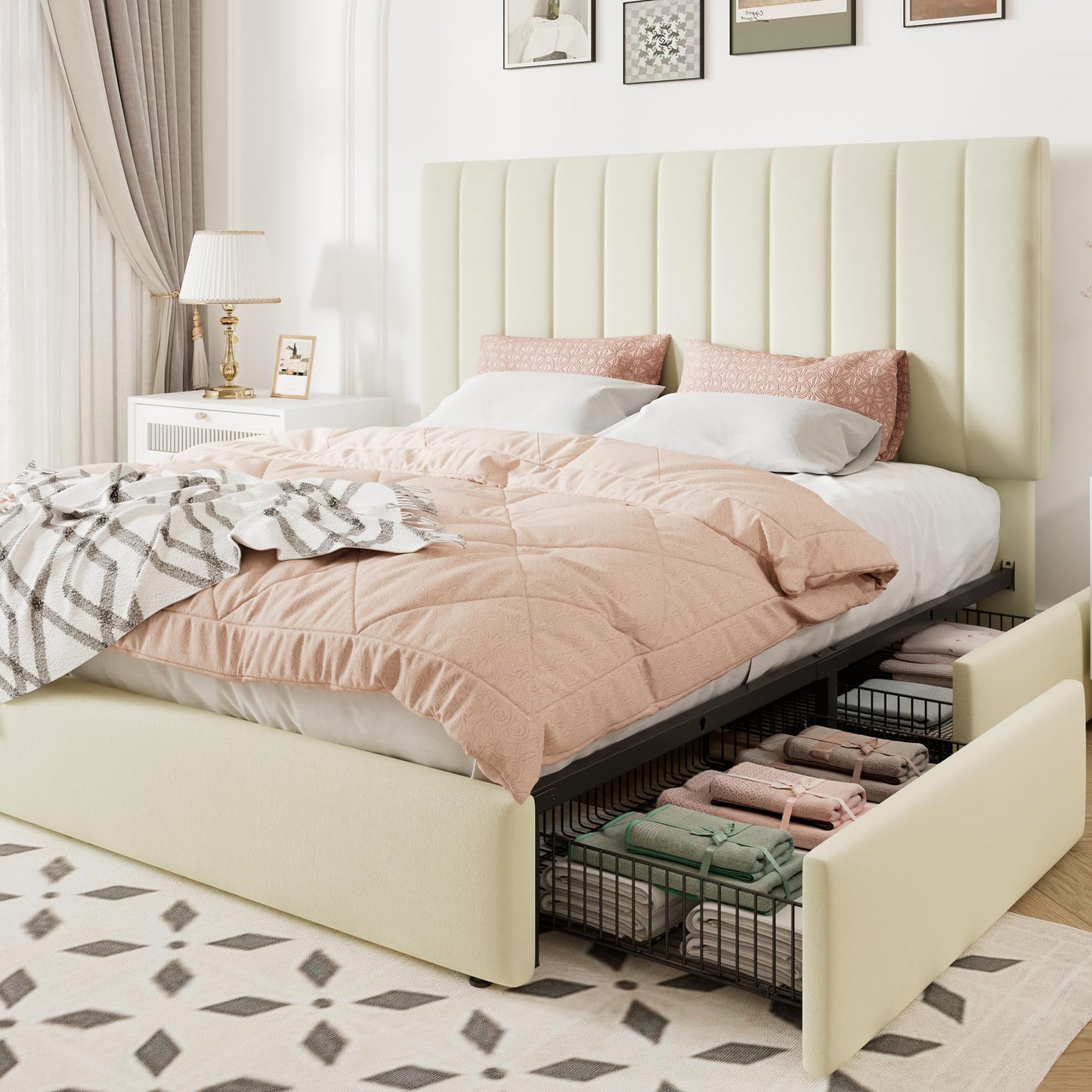 Allewie Full Size Storage Bed Frame, Vertical Channel Tufted Adjustable Headboard, Velvet Upholstered Platform Bed with 4 Oversized Underbed Drawers, Wooden Slats Support, No Box Spring Needed, Cream