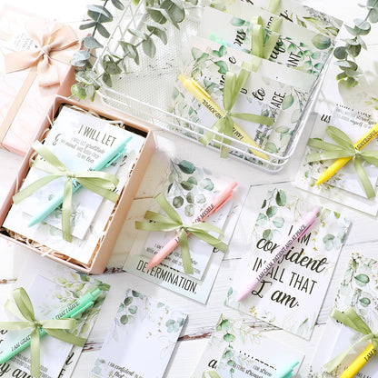 Maitys 24 Sets Thank You Teacher Appreciation Gift for Women Employee Positive Affirmation Gift Inspirational Sticky Note Greeting Cards Pen Ribbon Motivational Notepad for Coworker Office(Eucalyptus)