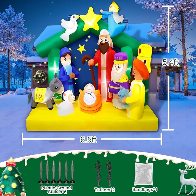 6.5FT Christmas Inflatables Nativity Scene Outdoor Decorations The Birth of Jesus Scene Christmas Blow ups Built in LED Lights Inflatable Christmas Decorations for Garden Lawn Patio