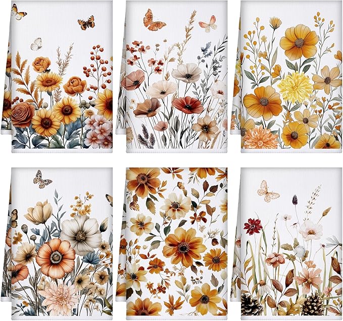 Geyoga 6 Pcs Spring Floral Kitchen Towels Flamingo Dish Hand Towels Sunflower