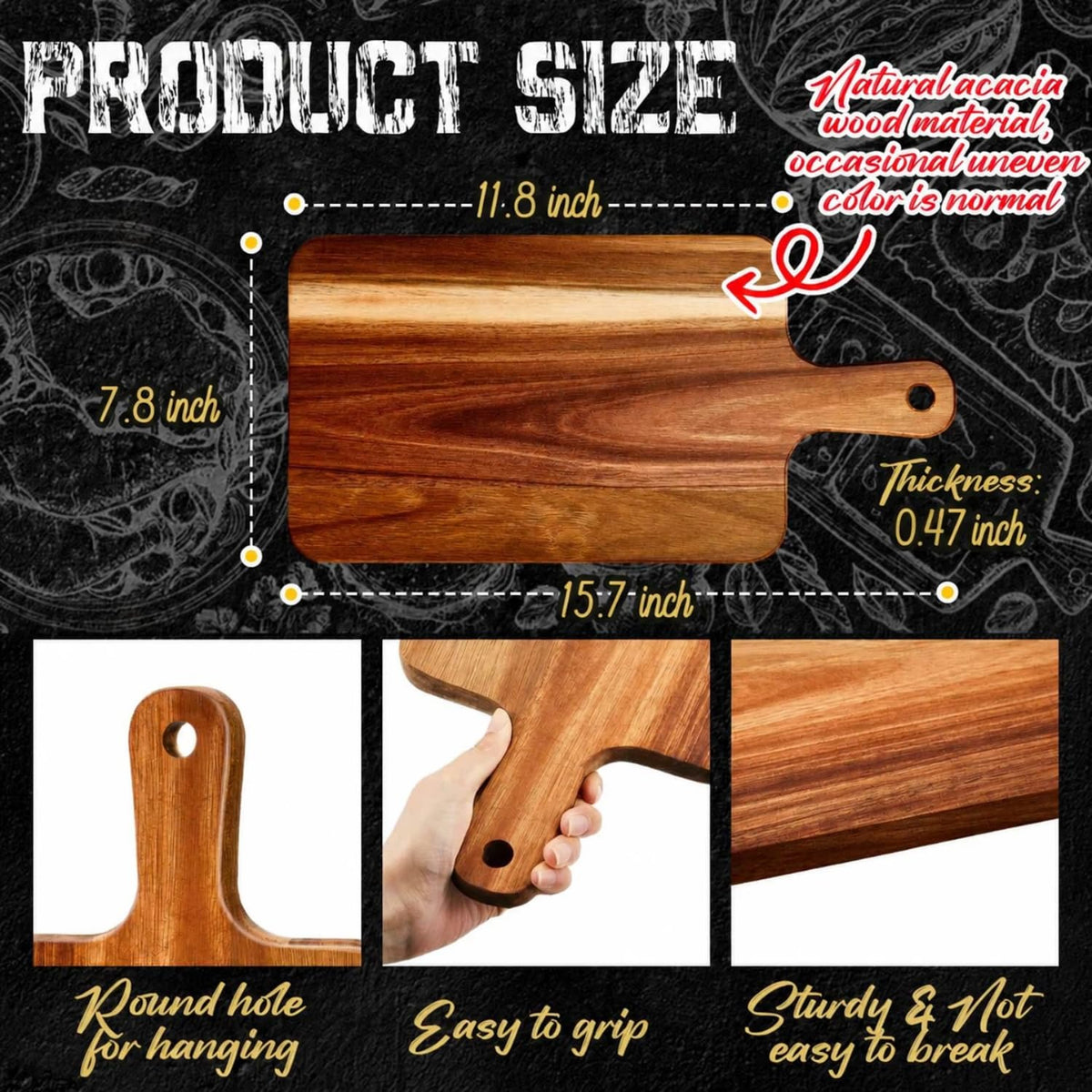 Nuenen 10 Pcs Wood Cutting Board with Handle 15.7 x 7.8 Inch Acacia Wooden Serving Kitchen Chopping Boards for Pizza, Bread, Cheese, Charcuterie, Fruit, Vegetables(Acacia)