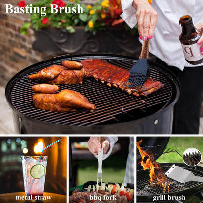ROMANTICIST 26pcs Extra Thick Stainless Steel Grill Tool Set for Men, Heavy Duty Grilling Accessory Kit for Backyard, BBQ Utensils Gift Set with Meat Thermometer in Aluminum Case for Birthday Brown