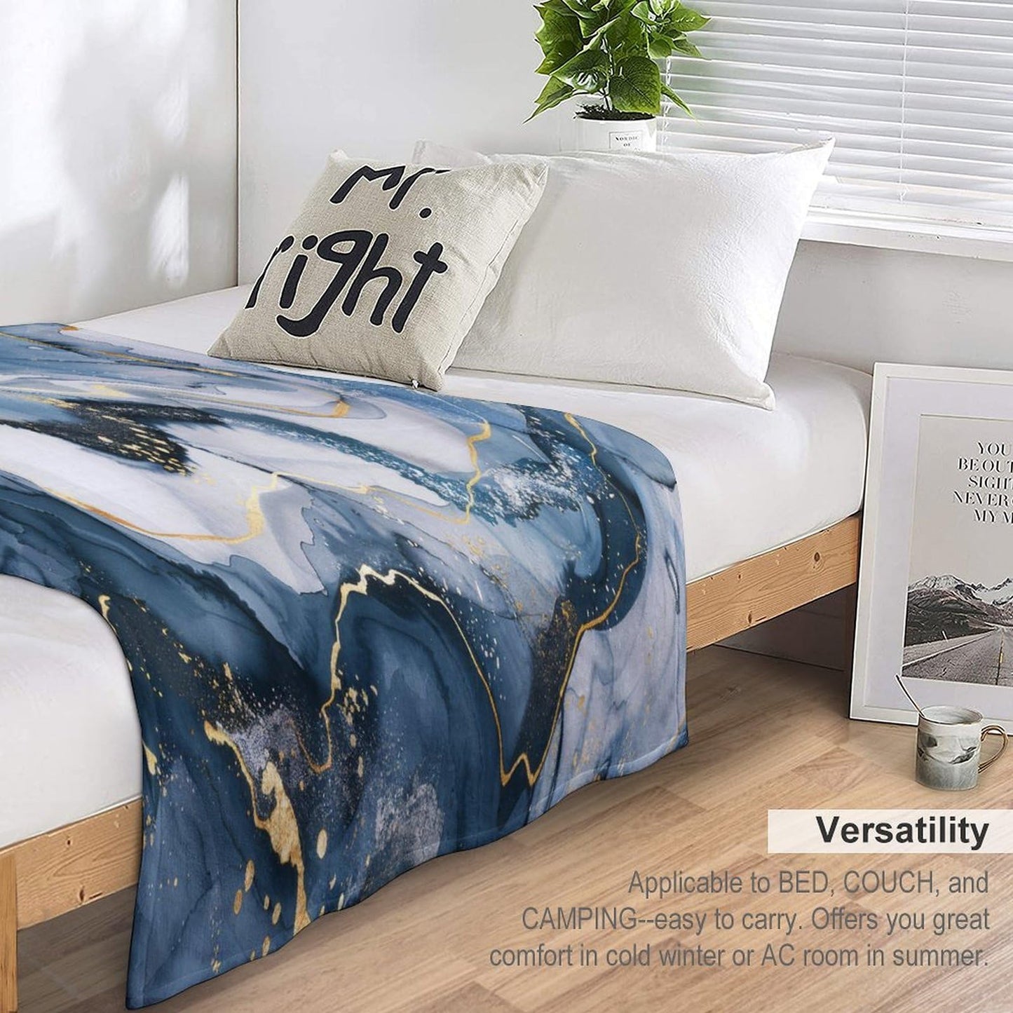 Marble Throw Blanket, Modern Abstract Foil Stone Texture Gold Navy Blue Marble Super Soft Fuzzy Fluffy Blanket for Couch & Bed, Cozy Sofa Warm Blanket for Travel Camping 40"x50"
