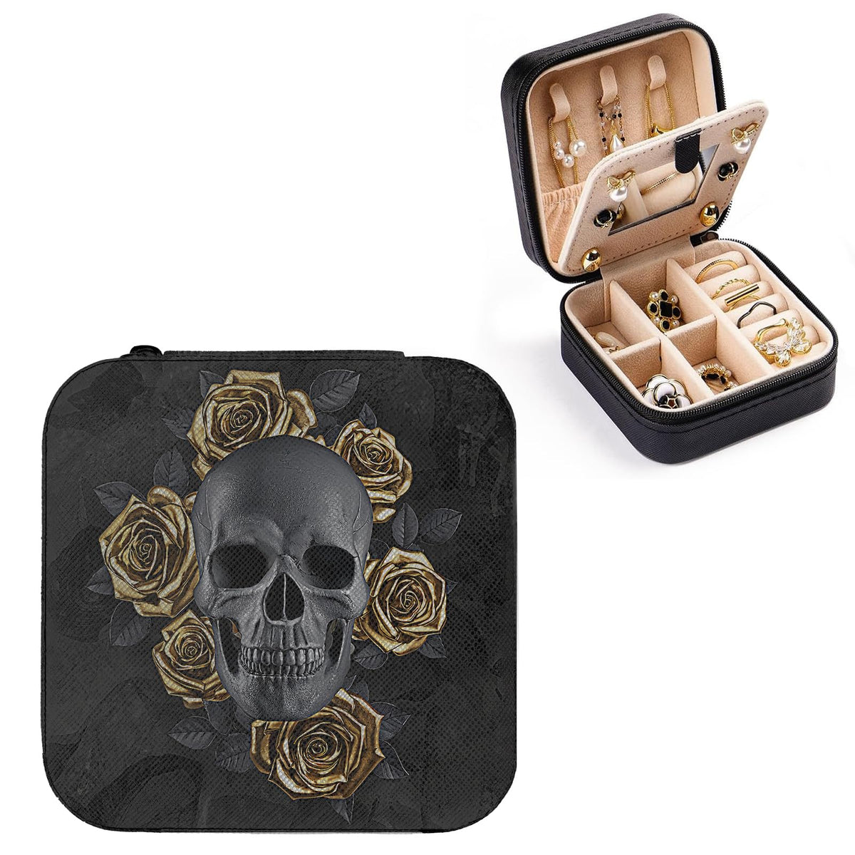 Artinhand Black Skull with Gold Roses Small Travel Jewelry Case with Mirror Portable Black PU Leather Box Earrings Necklaces Rings Bracelets Storage Organizer Gift for Women And Girls