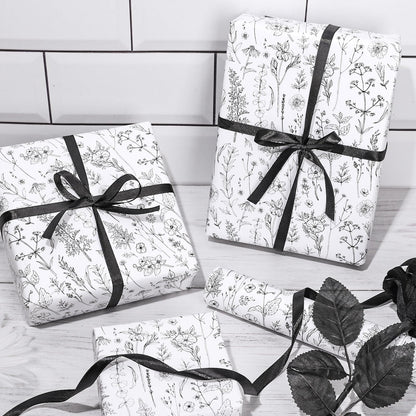 FYSUIMU Vintage Wildflower Wrapping Paper Mini Roll 17 In x 32.8 Ft Spring Black White Floral Gift Wrap Botanical Flower DIY Art Crafts Paper for Wedding Baby Shower Birthday Holiday Party