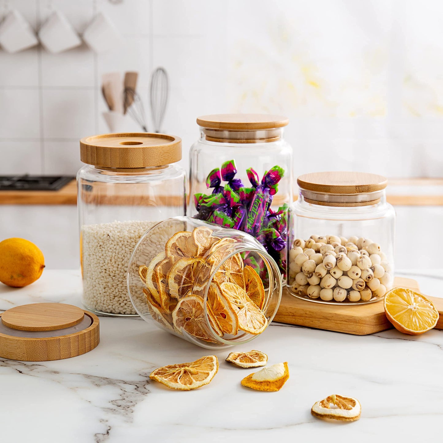 MOLADRI 900ML/30Oz Clear Cute Glass Storage Canister Holder with Airtight Bamboo Lid, Modern Decorative Medium Container Jar for Coffee, Spice, Candy, Salt, Cookie, Condiment, Pepper, Sugar