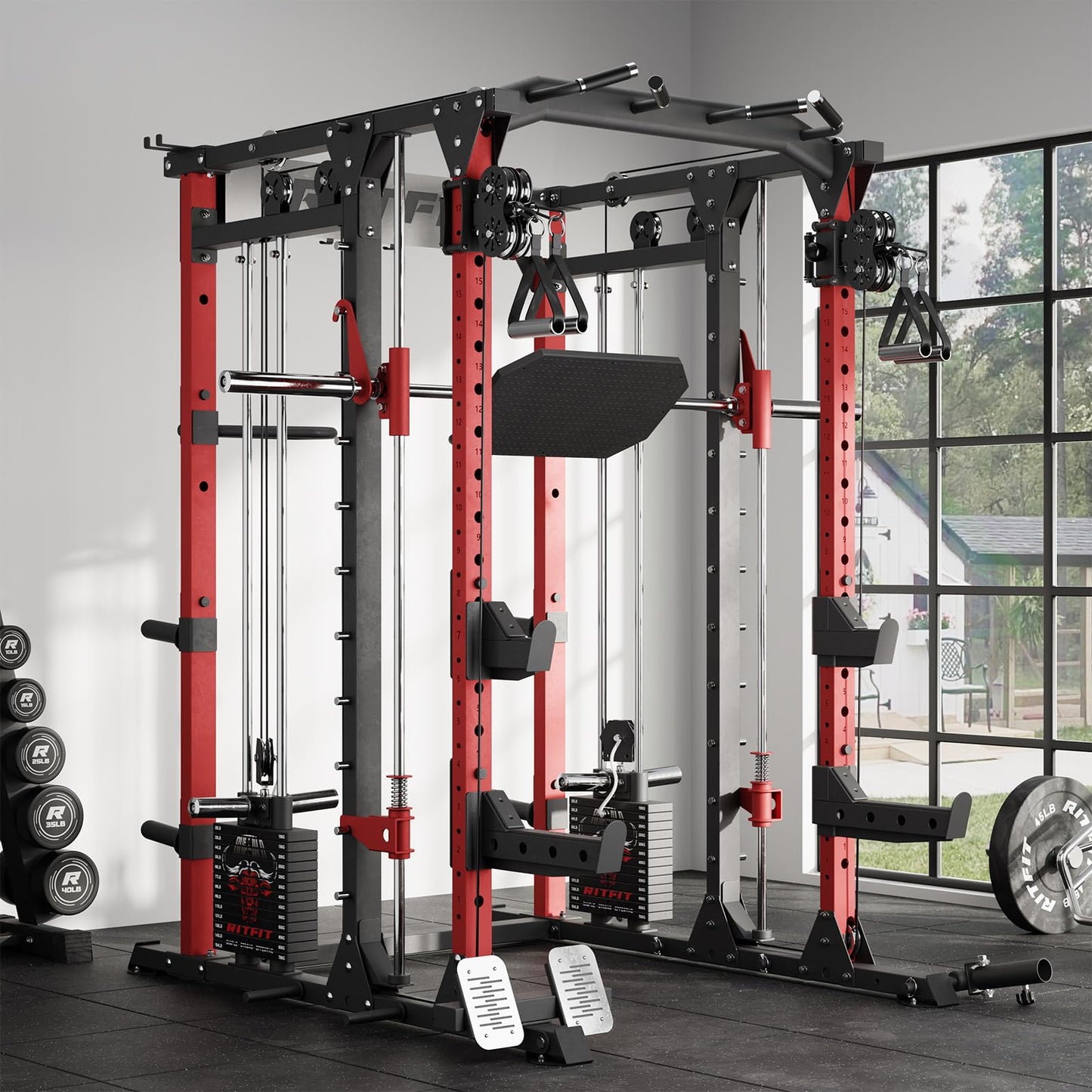 RitFit Buffalo Smith Machine Package, All-in-One Power Cage with Weight Stack , Power Rack with Cable Crossover & Leg Press Attachment for Home Gym(RED,BWB01)