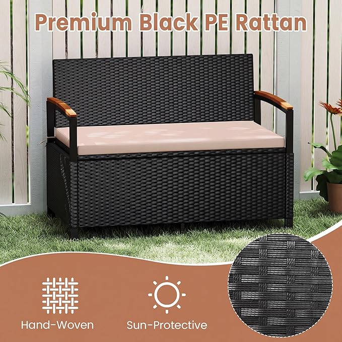 RELAX4LIFE Wicker Outdoor Storage Bench, Rattan Deck Box w/Protective Liner for Patio Furniture Pillows & Garden Tools, Porch Loveseat with Seat Cushion, Acacia Wood Armrests (Black-Beige)