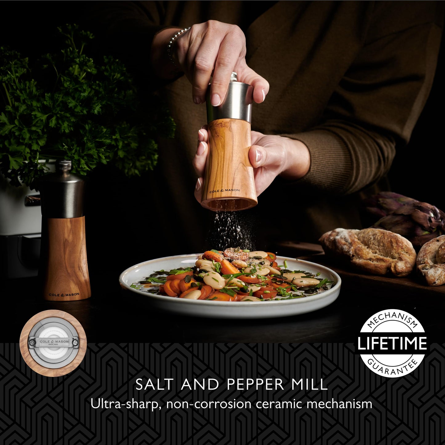 Cole & Mason Bromley Salt Mill, 6" - Salt Grinder with Ultra-Sharp Grinding Mechanism - Flavor-Enhancing Salt Shaker - Refillable Mill with Adjustable Grinding - Olive Wood, Salt Mill