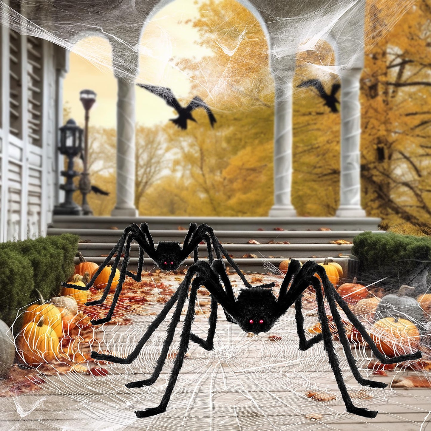 Nirohee 2 Pack Halloween Decorations Outdoor,4.1+5 ft Hairy Giant Spider Halloween Party Decor Large Hairy Spider Scary Fake Large Spiders Props for Yard Decoration Party Decor