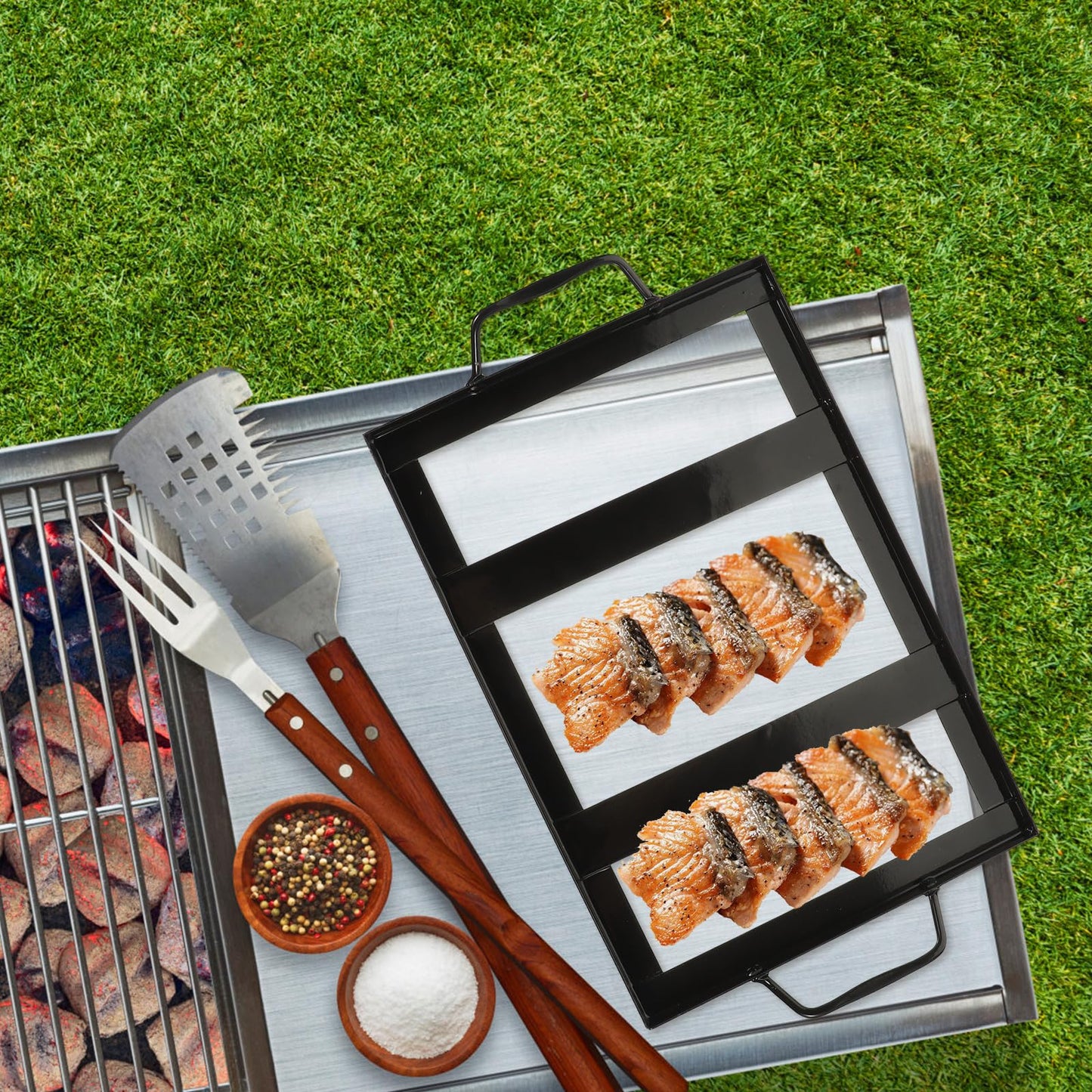 YARNOW Himalayan Salt Cooking Block Tray Holder Metal Steel Himalayan Rock Salt Block Cooking Plate Tray for Cooking Grilling Cutting Serving 8"x12" Grilling Tool Essential
