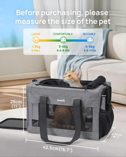 pecute® Cat Carrier Airline Approved, Extra Stable Cat Carrier Handbag, Portable Dog Carrier, Breathable Mesh Fabric Bag for Pets, Pet Carrier Suitable for Both Long And Short Trips Grey