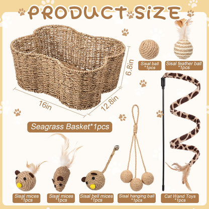 Leitee 16 x 12.8 Inch Mother‘s Day Bone Shaped Seagrass Wicker Basket with 8 Pcs Cat Toy, Cat Storage Basket Gift Set with Sisal Ball Mice Feather Stick, Interactive Toys for Indoor Cats and Kittens